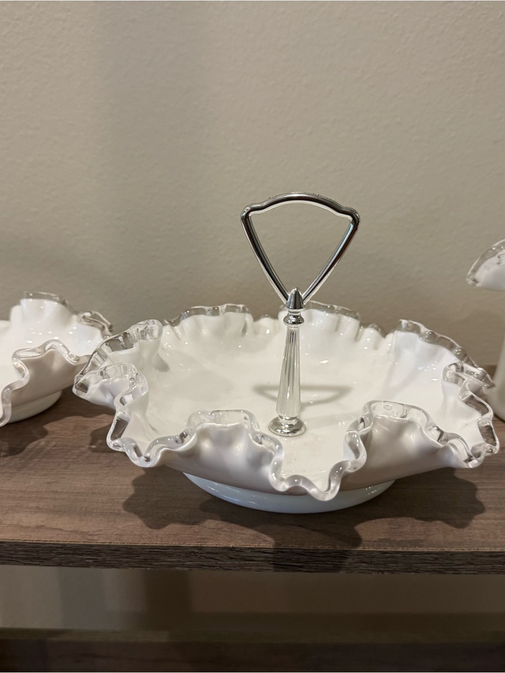 Elegant White Ruffled Glass Serving Bowl with Silver Trim